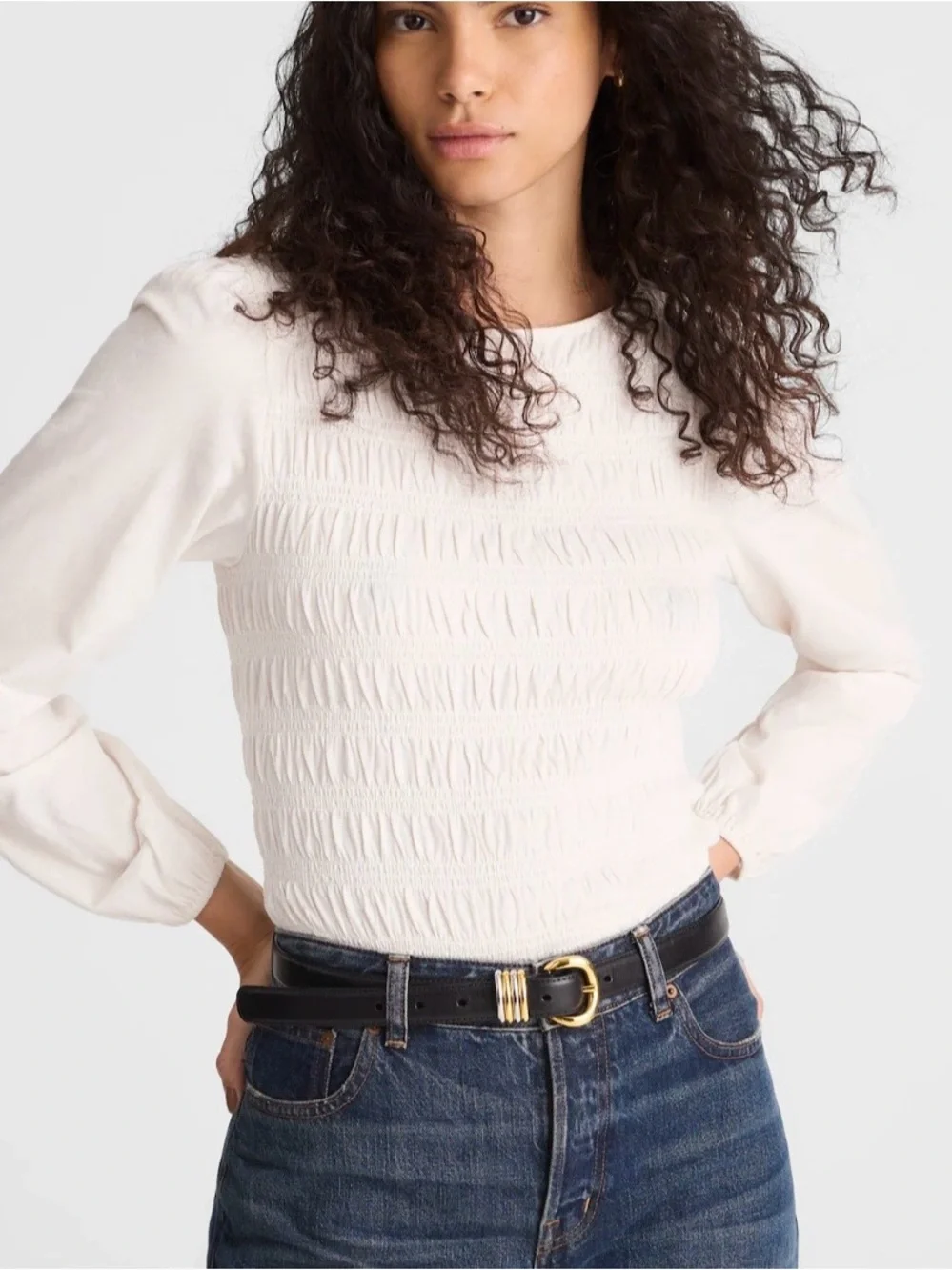 Madewell Ivory Smocked Boatneck Long-Sleeve Top